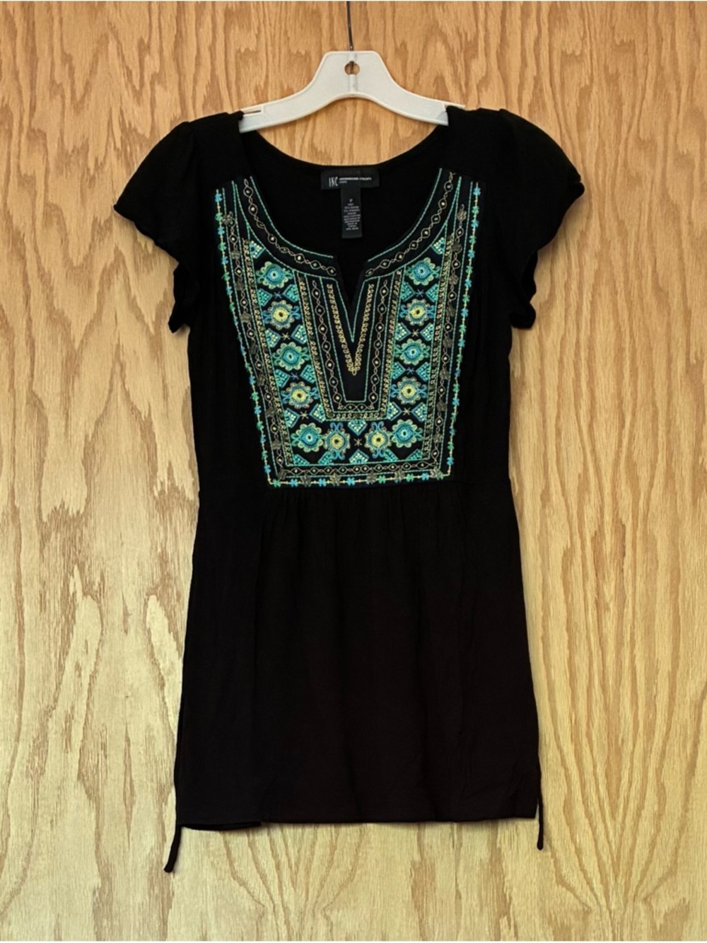 INC International Concepts Black Tunic with Teal and Gold Embroidery